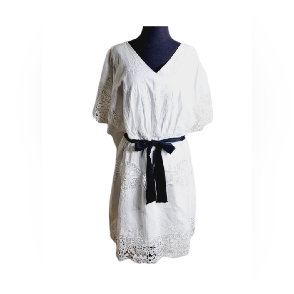 Ann Taylor white v neck embroidered lace dolman short sleeve dress size 10P